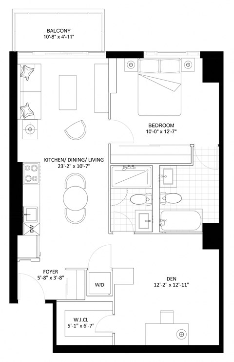 Floor plan for 1 bed, 2 baths, 809 sqft